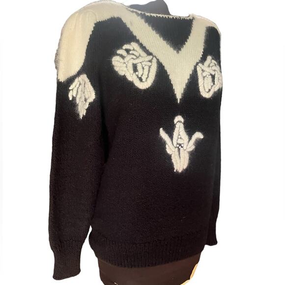 Vtg 80s Angora Old Money Floral Puff Shoulder Glam Pearl Embellished Sweater M - Picture 1 of 6